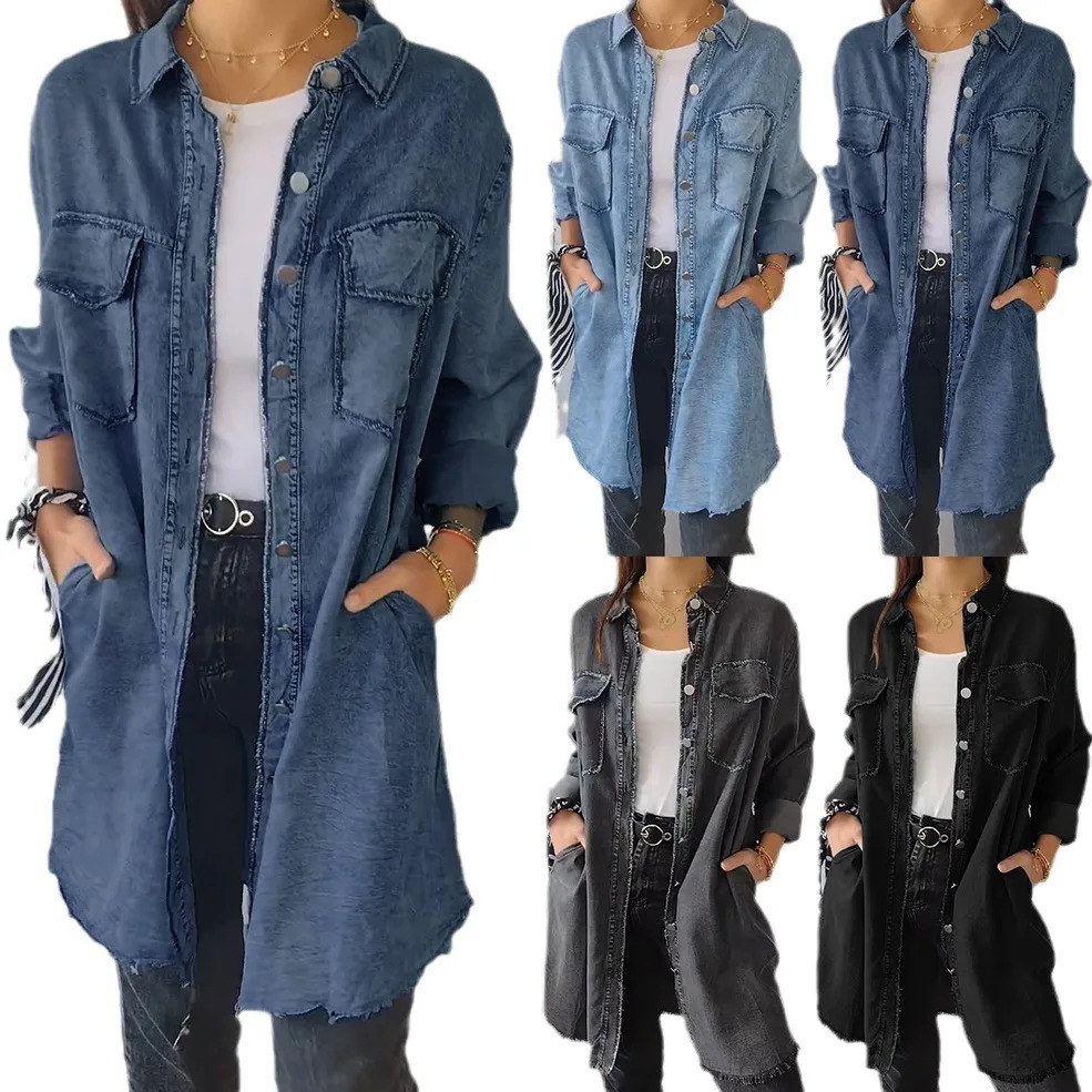 Womens denim jacket with lapel and slim fit mid blue jeans length shirt elegant stitching single chest long sleeved 2024 241206