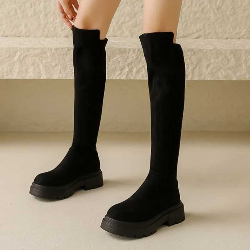 High Quality Trend Streh Over the Knee Boots Quty Ladies Shoes Winter New Warm Wens Boots Platform Bootes Suede Round Toe High H T241206
