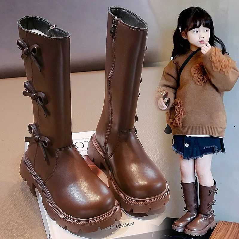Girls Mid-Calf Boots Solid Color Versatile Children Long Boots with Bows 2024 Autumn New Fashion Princess Boots with Side ZipperXJ241206
