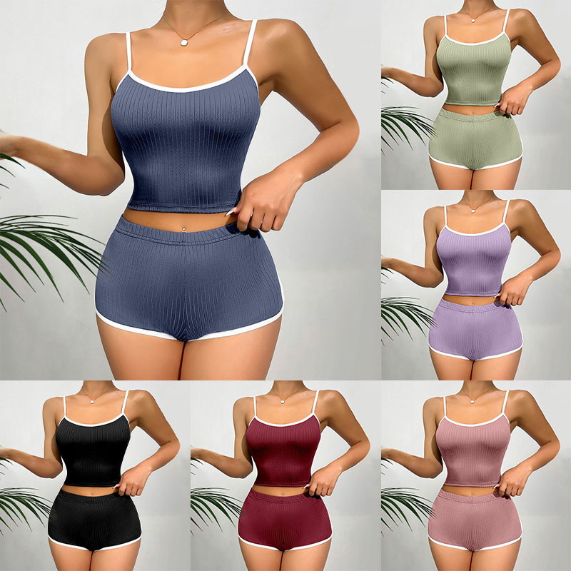 B474-Spring and summer women's loose V-neck satin sling suit personality contrast color comfortable home clothes Korean version of pajamas chest 
