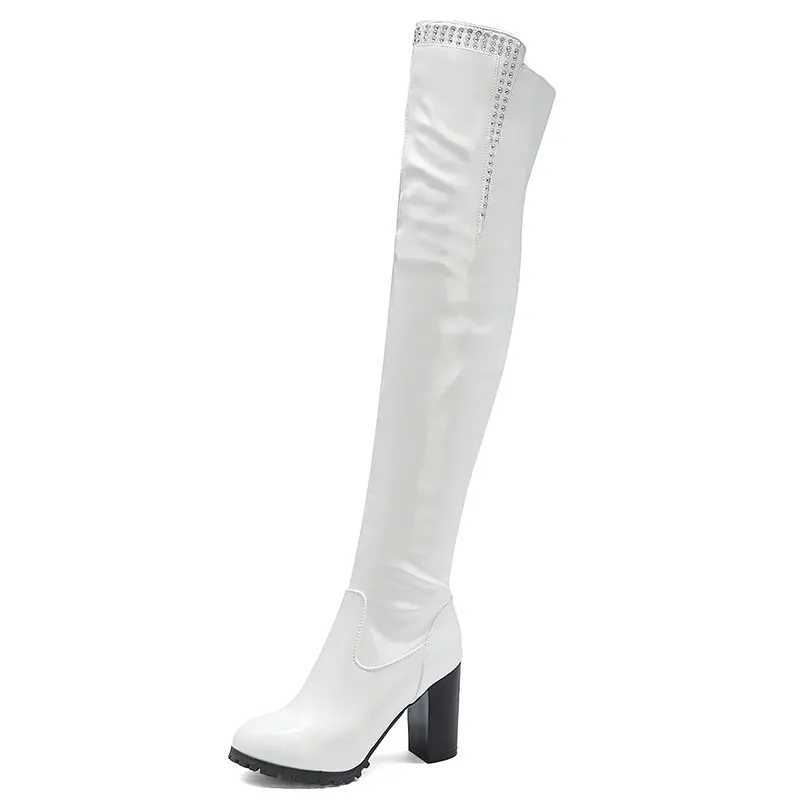 High Quality Sgesvier Wen Square High H Thigh High Boot Wan Shiny Patent Leather Black and White Knee Boots Womens Party Shoes T241206