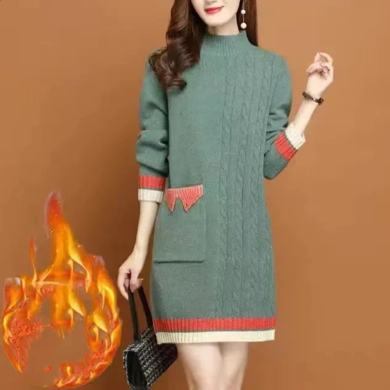 Womens Autumn Winter Thick Midlength Korean Commute Loose Half High Collar Patchwork Pocket Button Knitted Sweater Dresses 241205