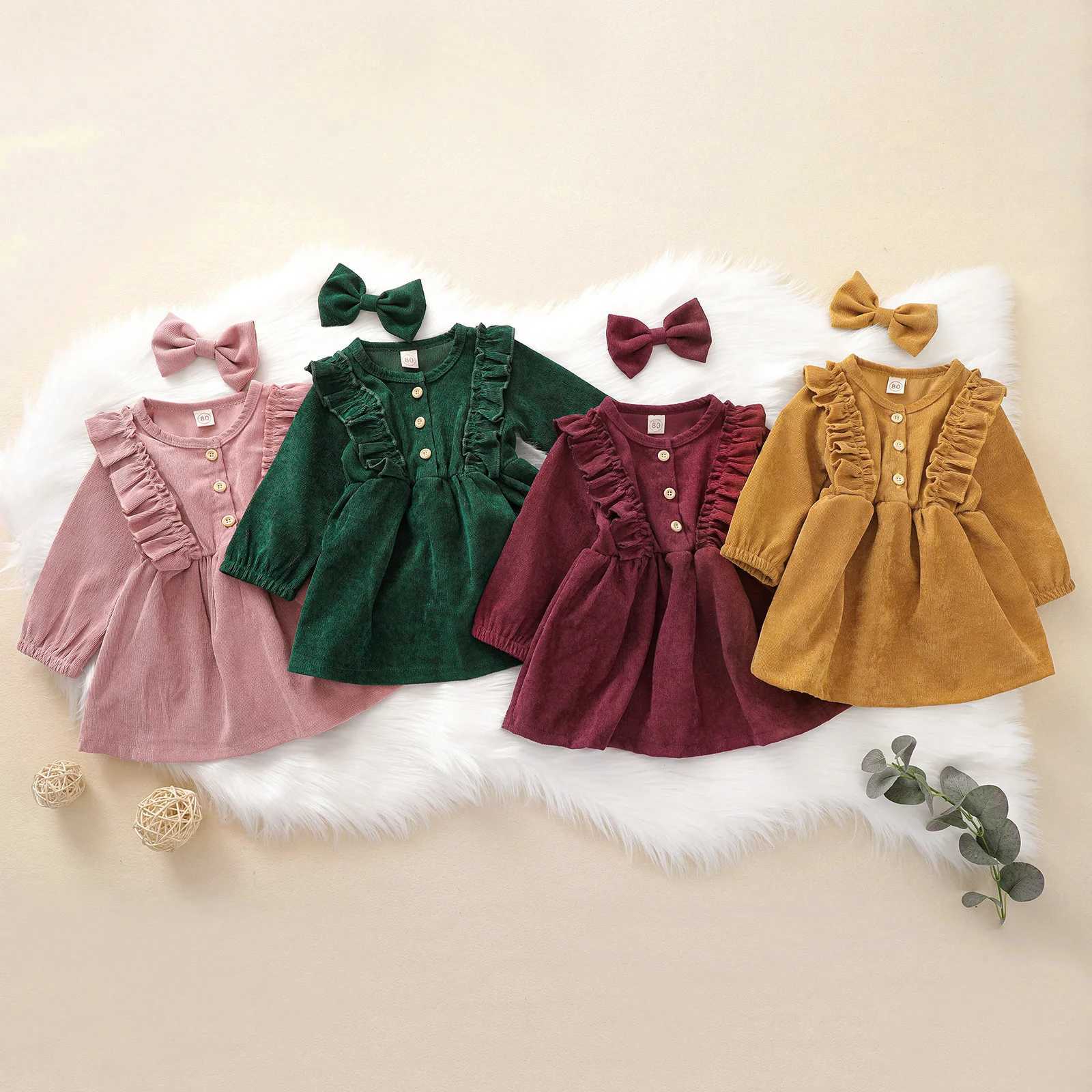 0-5Y Kids Girls Casual Corduroy Dress Baby Fall Winter Clothing Long Sleeve Ruffle A-line Princess Dress Headband OutfitsXJ241206