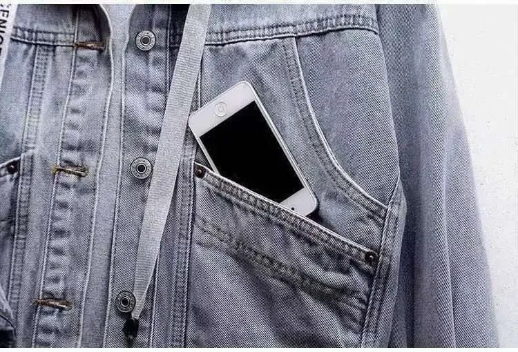 Spring and Autumn Long sleeved Hooded Womens Denim Jacket Korean Large Pocket Jeans 241206