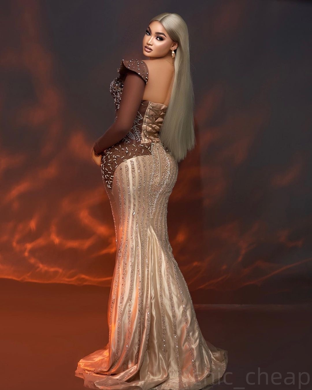 Gold Illusion Mermaid Prom Dresses 2025 Beaded Crystals Sequined Evening Formal Party Second Birthday Engagement Gowns Plus Size Dress For Special Occ