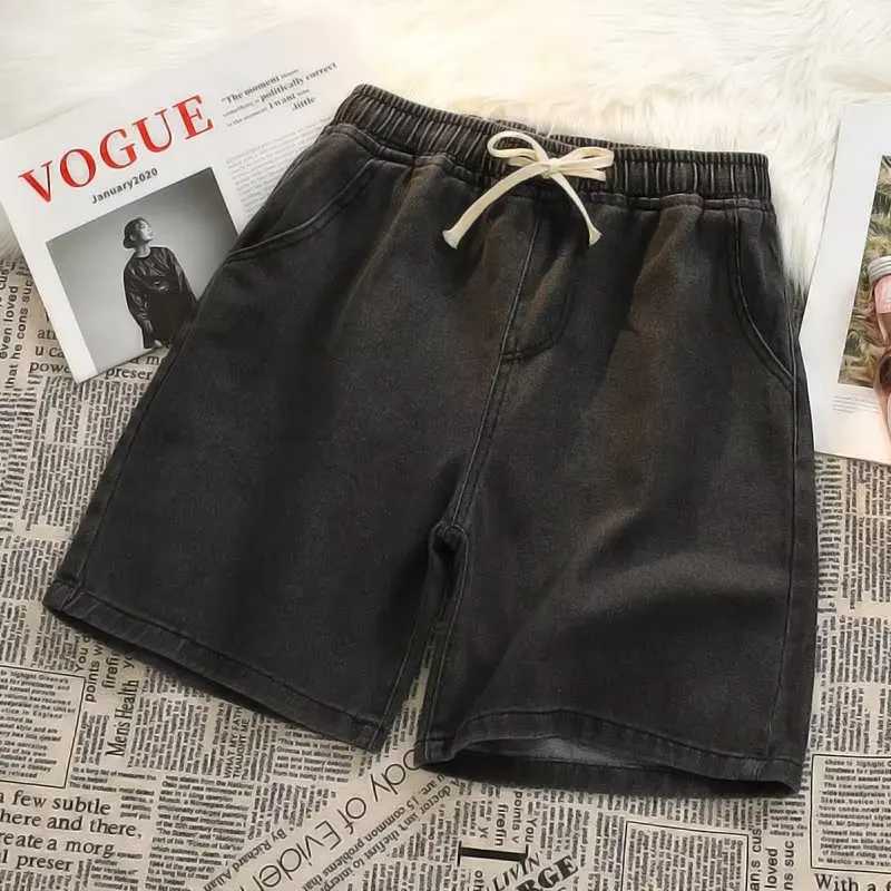 2024 Summer Mens Loose 5-point Baggy Denim Shorts Streetwear Retro Hip Hop Wide Leg Drawstring Shorts JeansXJ241206