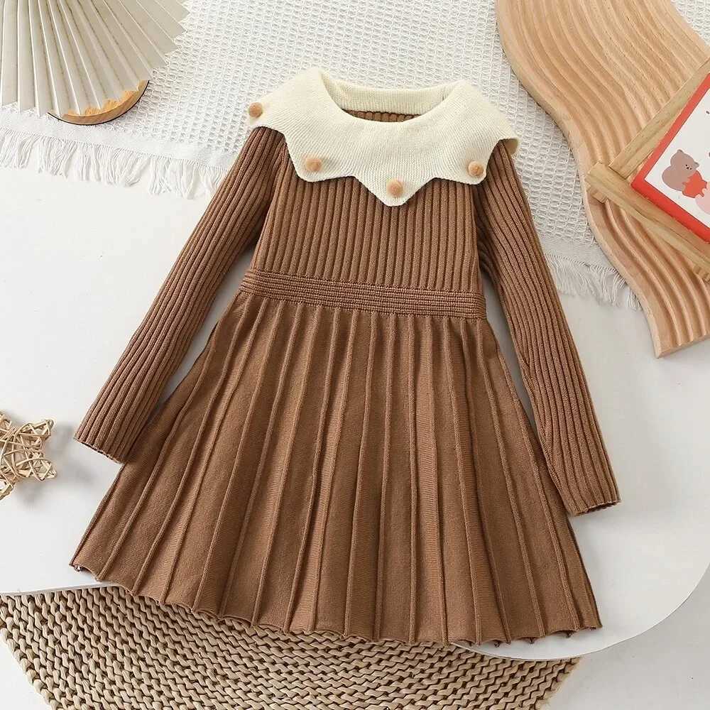 Kids Dresses for Girls Red Christmas Dress Lapel Long Sleeved Wear Sweater Dresses Winter New Years Kids Knitting ClothingXJ241206