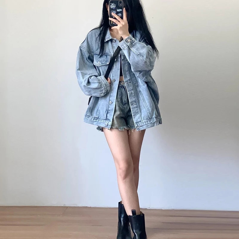 Korean style denim jacket womens 2024 autumn long sleeved blue retro lapel loose 241206