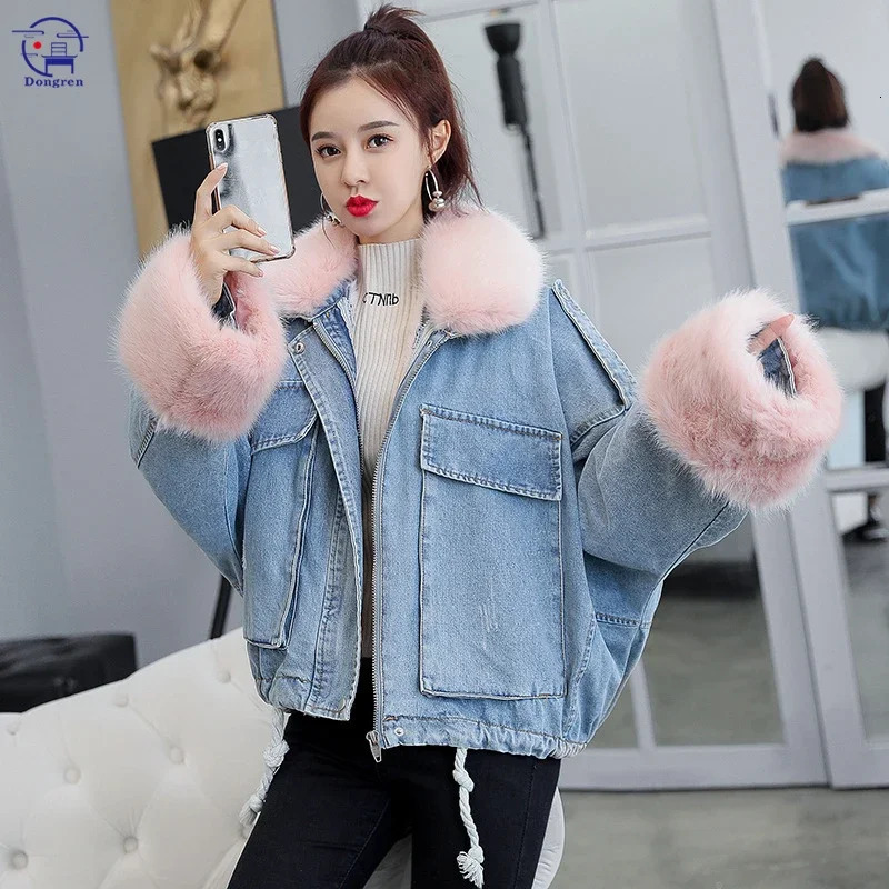Winter loose denim jacket warm womens oversized fur collar with velvet padding cotton thick 241206