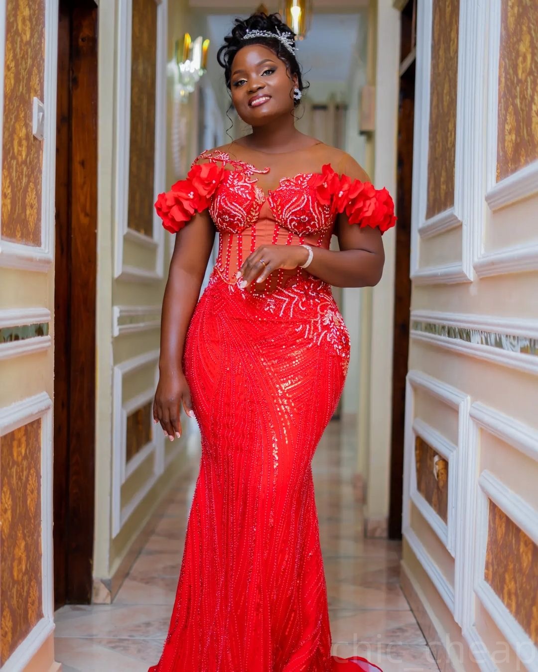 Red Mermaid Prom Dresses 2025 Flowers Beaded Sequined Lace Evening Formal Party Second Birthday Engagement Gowns Plus Size Dress For Special Occasions