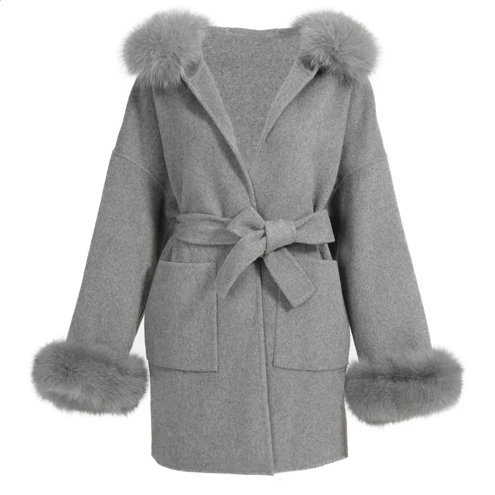 Jxwatcher Wool Coat and Blends Fashion Medium Length Cashmere Jacket Hooded 100 Real Fur Collar Cuffs Winter for Women 241205