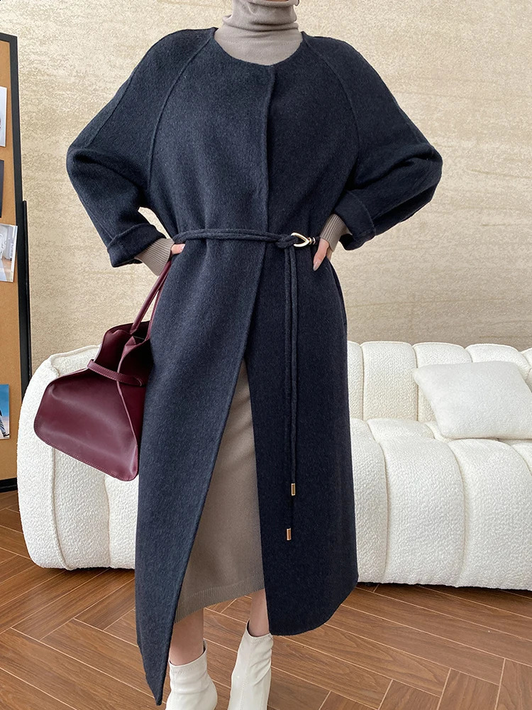Grey plus size wool coat O-neck long sleeved womens jacket fashion trend winter 1DH7777 241205