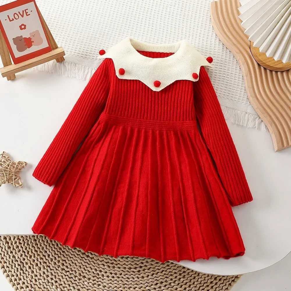 Kids Dresses for Girls Red Christmas Dress Lapel Long Sleeved Wear Sweater Dresses Winter New Years Kids Knitting ClothingXJ241206