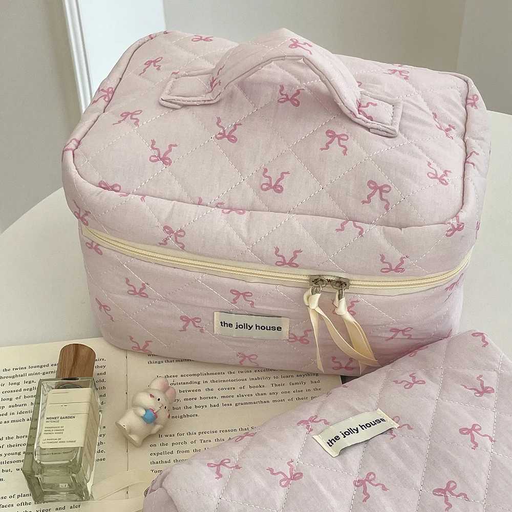 2024 Pink Bowknot Quilting Women Cosmetic Bag Portable Zipper Makeup Travel Organizer Female Handbag Toiletry Pouch For GirlsXJ241206