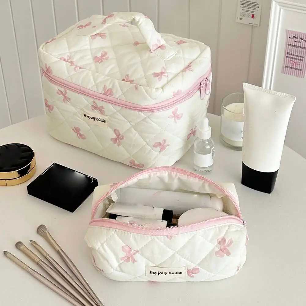 Cosmetic Bag White Bow Makeup Bag Small Fresh And Cute Student Portable Storage Bag Toiletry Bag Large Capacity Bag QuiltedXJ241206