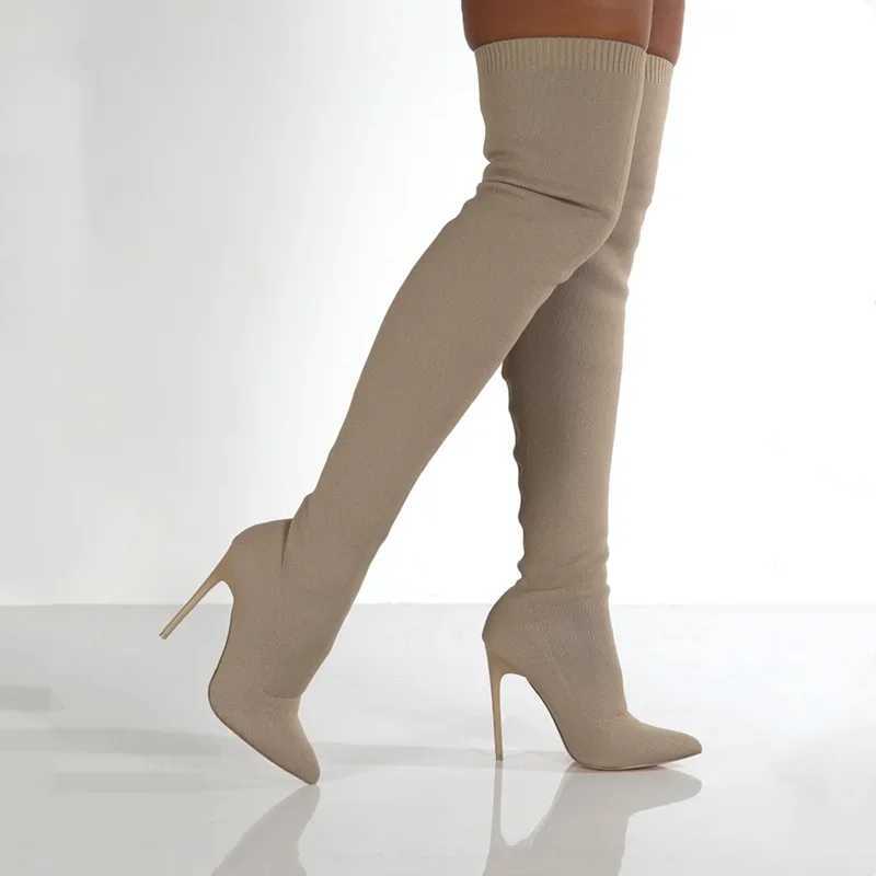High Quality Wen Autumn Over The Knee Boots Stiletto High Heels Elastic Knitted Tube Shoes Beige Black Sexy Bota Fnina 20 T241206