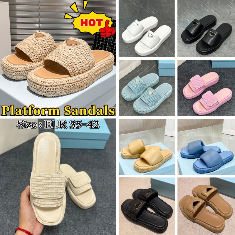 Womens designer crochet platform sandals natural white black beige gold printed women Nappa Leather Padded Rattan Woven Flatform slides lady summer beach slippers