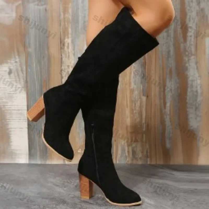 High Quality Wens boots Fi winter new Lg tube boots knee side zipper artificial suede Cfort N slider high heels boots Botas Mujer T241206