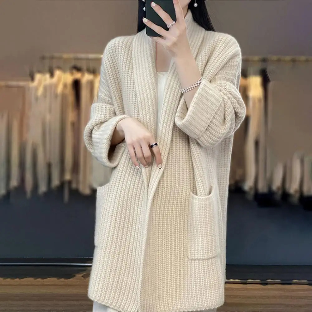 2024 Lazy style womens cardigan wool sweater autumn coat lapel knitted 241206