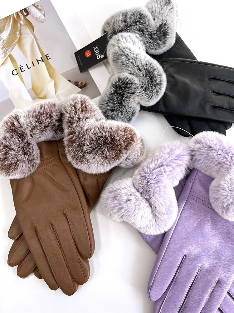 ZDFURS * Genuine Leather Gloves for Womens Winter Wool Lining Thickened Warm Soft Rex Rabbit Skin Sheepskin Gloves Windproof 241206