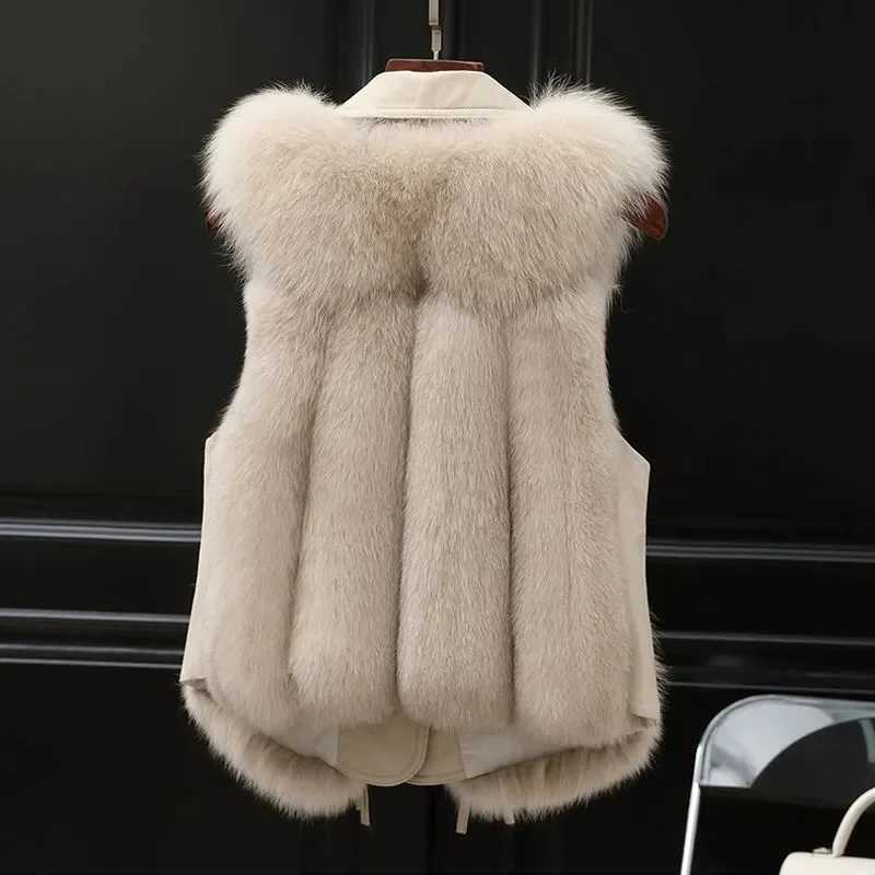 Autumn Winter Fe Faux Fur Waistcoat Top 2024 Women Splicing Together Fur Vest Jacket Fashion Ladies Plush Sveless OutwearXJ241206