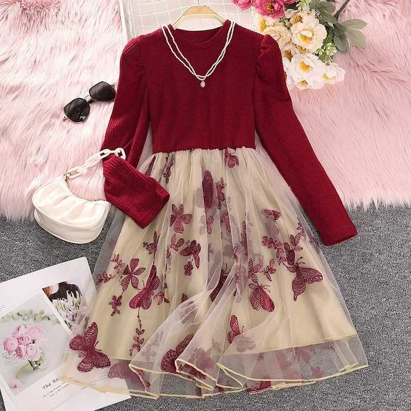 6-12 Years Spring Autumn Girls Dress Knitted Top Patchwork Big Flower Embroidered Lace Mesh Princess Dresses For ChildrenXJ241206