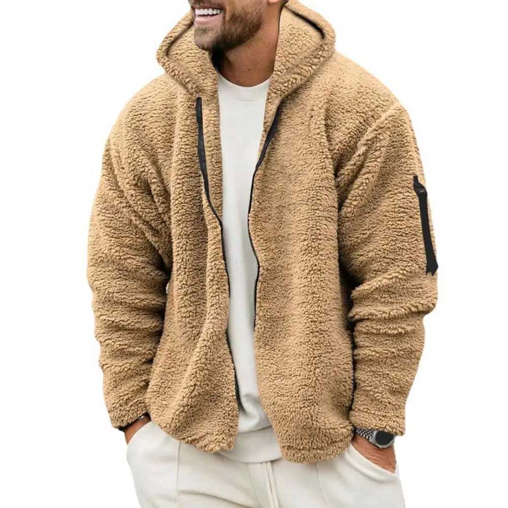 Hoodie with Side Pockets Men Winter Hoodie Cozy Hooded Mens Winter Coat Thick Plush Zipper Closure Soft Pockets Warm ColdXJ241206