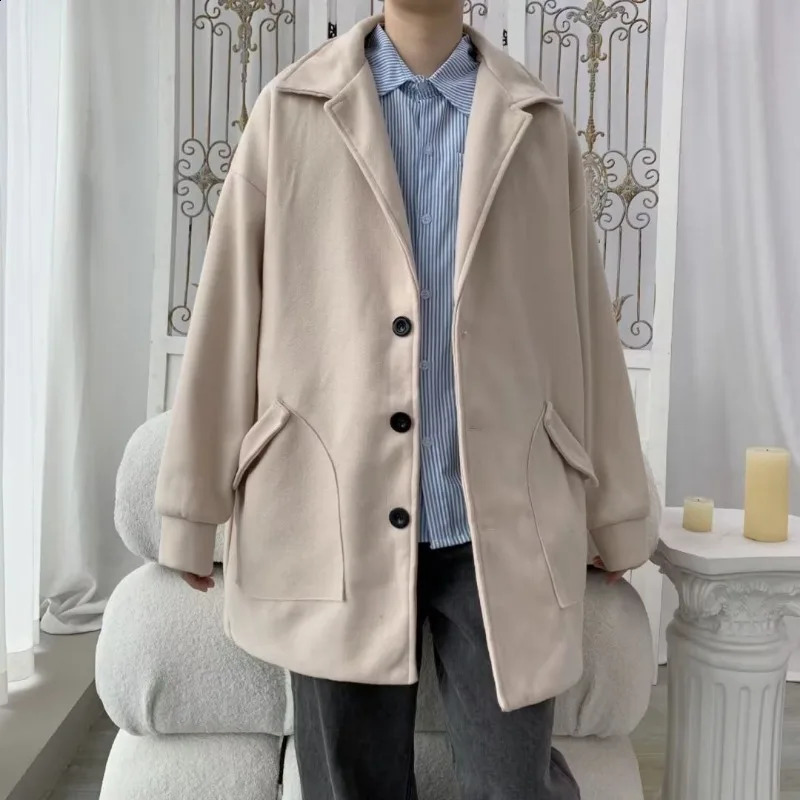 EBAIHUI Mens Solid Color Coat Trench British Style Lapel Single Breasted Coats Black Apricot Casual Daily Straight Hem Outwear 241202