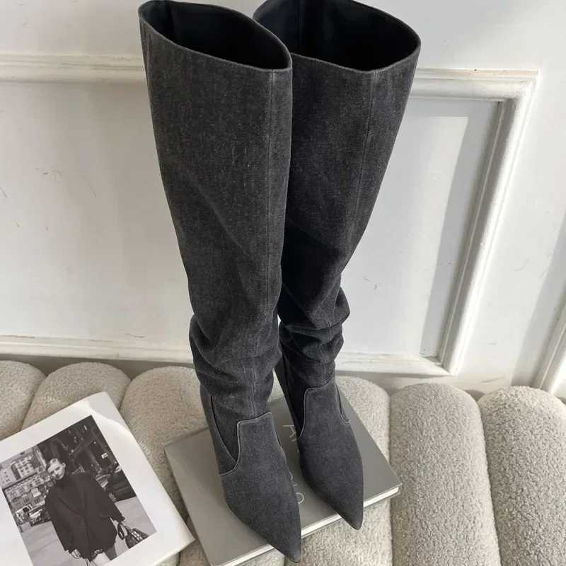 High Quality High heels Wenlg boots angular toes denim knight boots womens zippered shoes Fi high heels knee high boots T241206