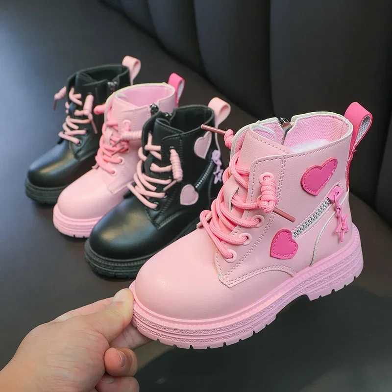 Girls Boots Kids Fashion Rubber Boots Cool Girl Autumn and Winter Cotton Soft Sole Pink with Love Side Zip Princess Round-toe PUXJ241206