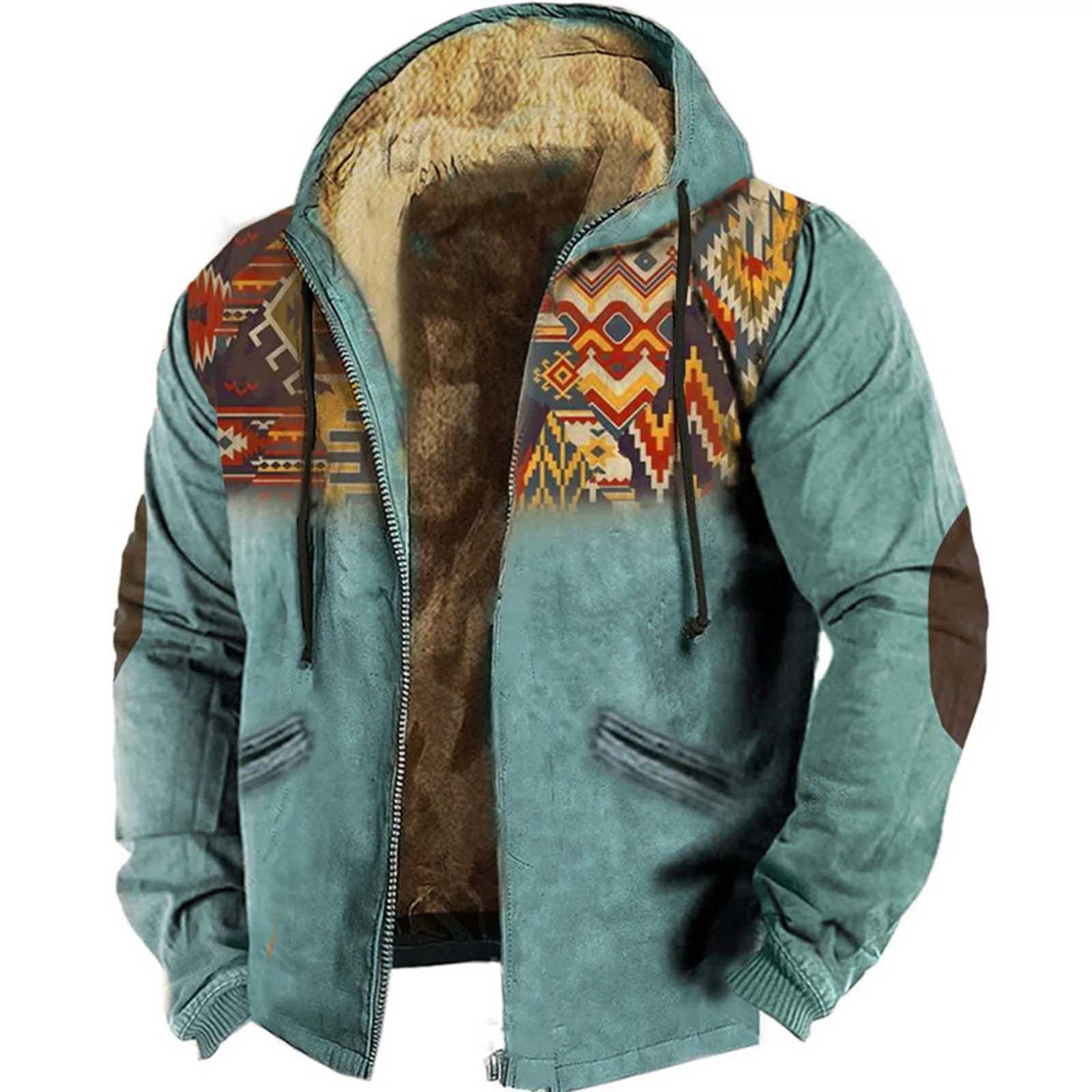 Winter Mens Vintage Lamb Wool Jacket Fashion Retro Print Hooded Zipper Fleece Lined Hoodie Outwears Warm Plush Bomber JacketXJ241206