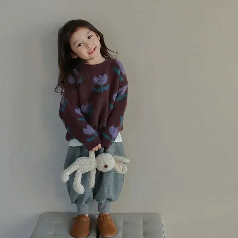 Cardigan Sweater Girl Tulip Flower Pullover Sweater New Korean Fashion Trend Childrens Clothing Round Neck Simple Q241205
