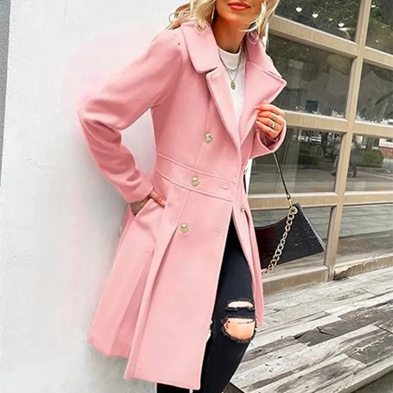 Womens Autumn Coat Wool Blend Solid Lined Coats Outerwears Female Jackets Double Breasted Lapel Xlength Overcoat 241205