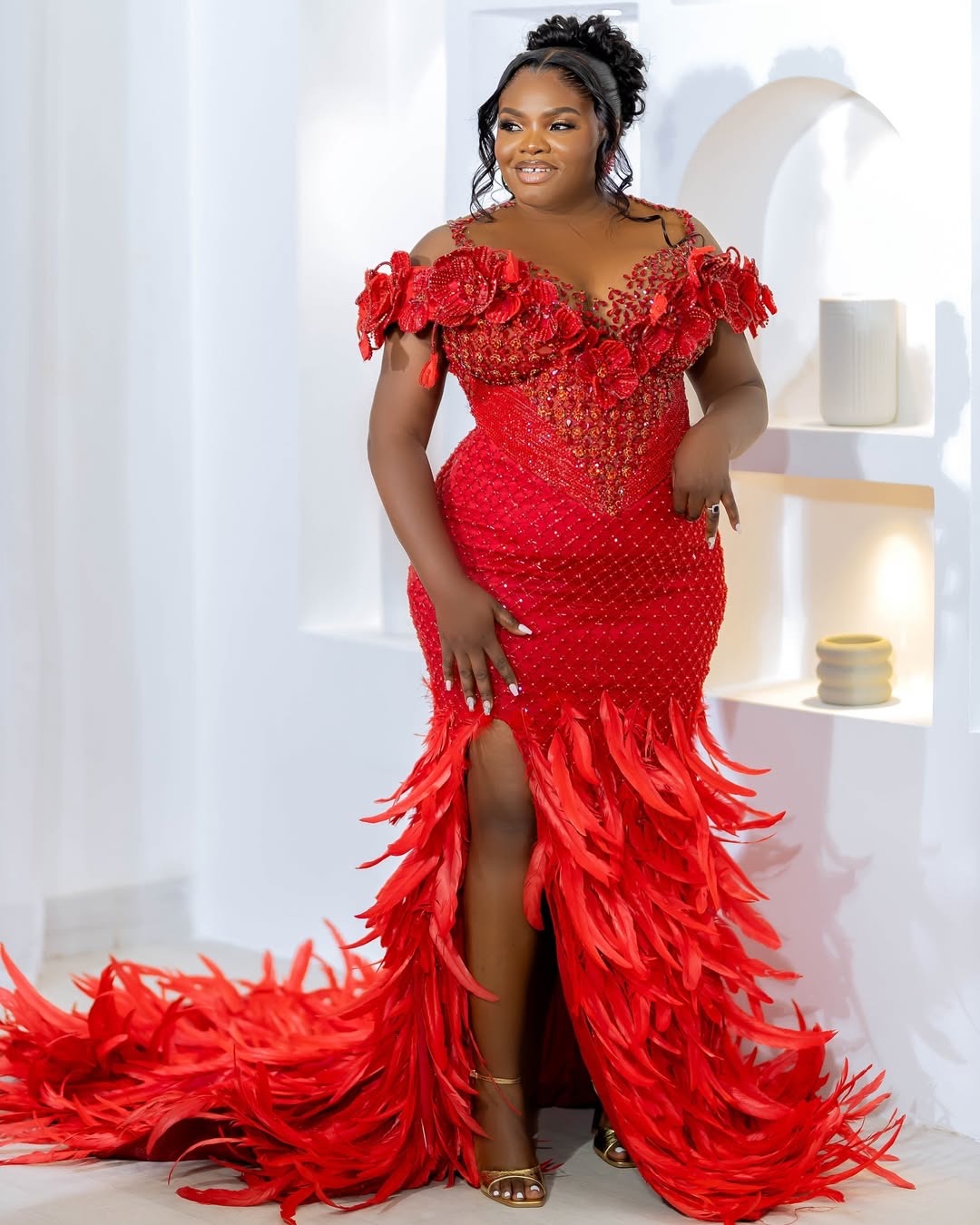 Red Mermaid Prom Dresses 2025 Feather Rhinestones Beaded Lace Evening Formal Party Second Birthday Engagement Gowns Plus Size Dress For Special Occasi