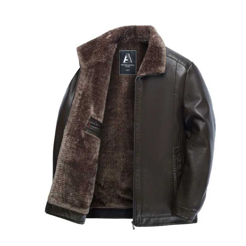 2 Colors!2023 Autumn and Winter Mens Leather Coat Thickened and Velvet Flip Collar Warm Leather Coats Mens JacketXJ241206