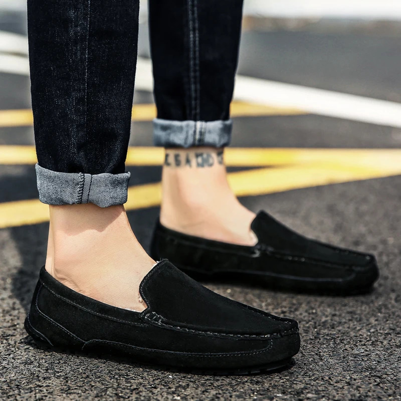 Mens Loafers Plush Suede Leather Driving Shoes Casual Winter Warm Fur Man Moccasins Slip On Driving Loafer Male Boat Shoes 241206