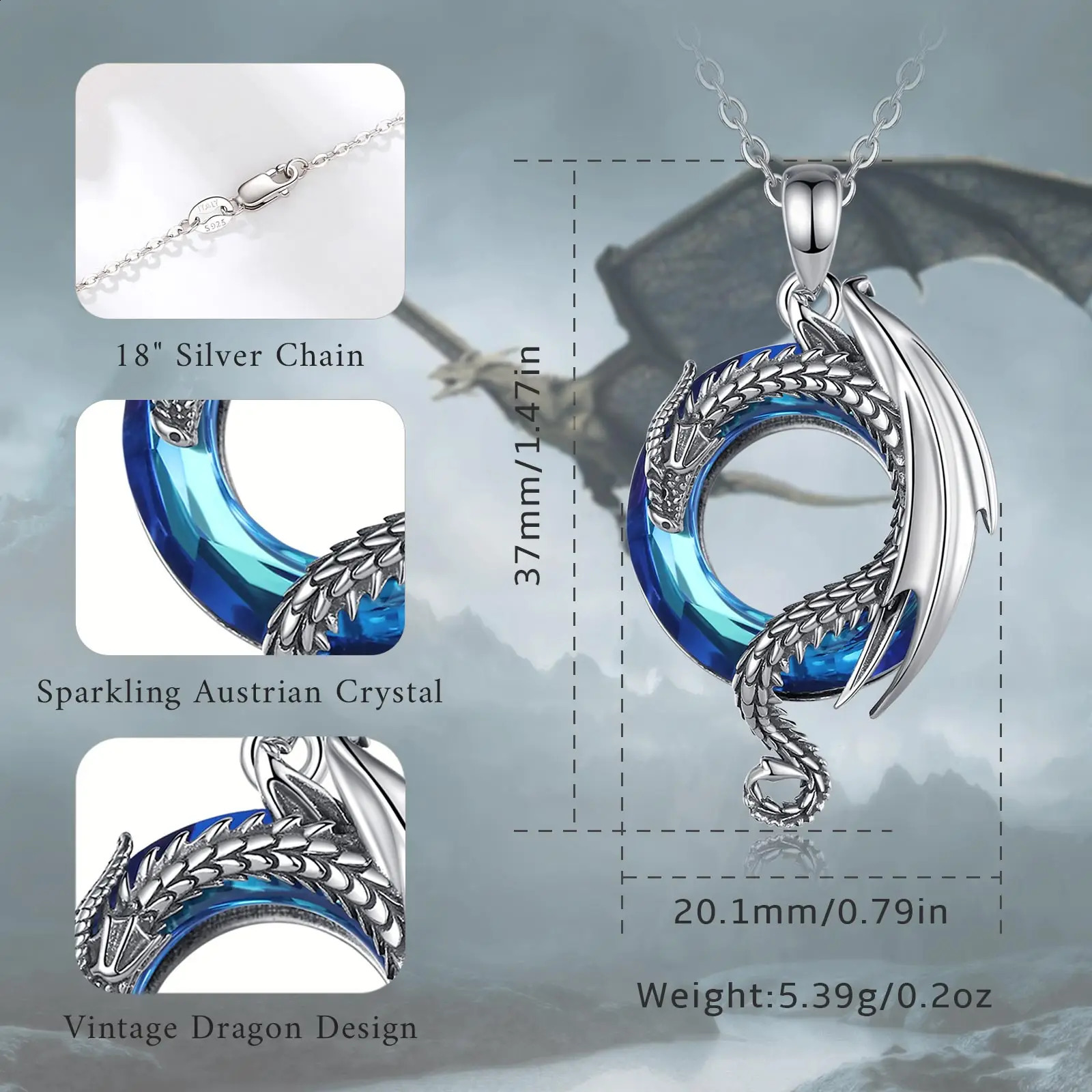 Eudora Real 925 Pure Silver Dragon Necklace Womens Austrian Crystal Cool Dragon Pendant Necklace Fashion Jewelry 241205
