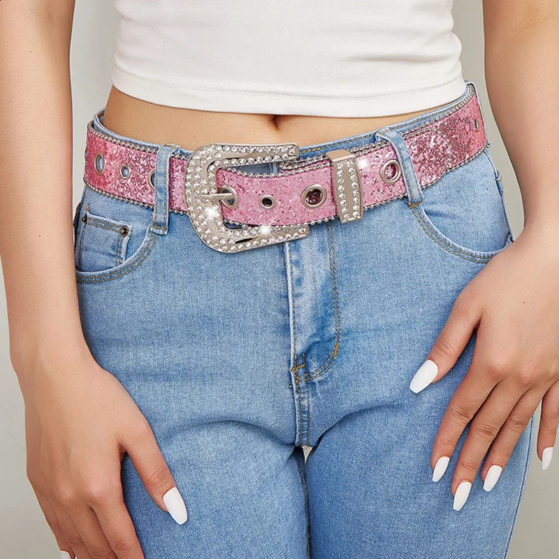 Fashion Sequin Pink Rhinestone Belt for Women Y2K Pin Buckle Waist Strap Female Jeans Trouser Decor Waistband 241205