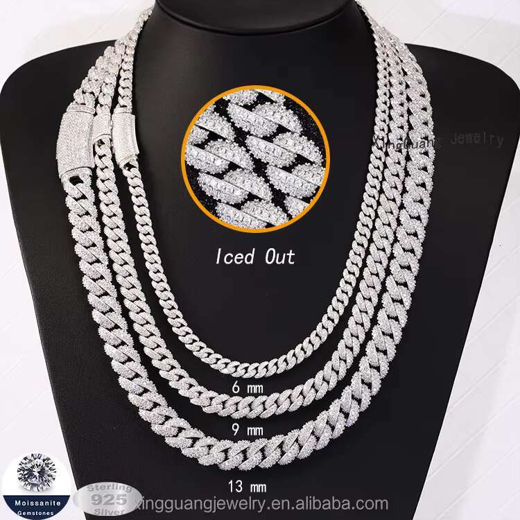 XG Moissanite curved Cuban real Sier Plated Gold iced out vvs Moissante curb Chains Necklaces for men A+