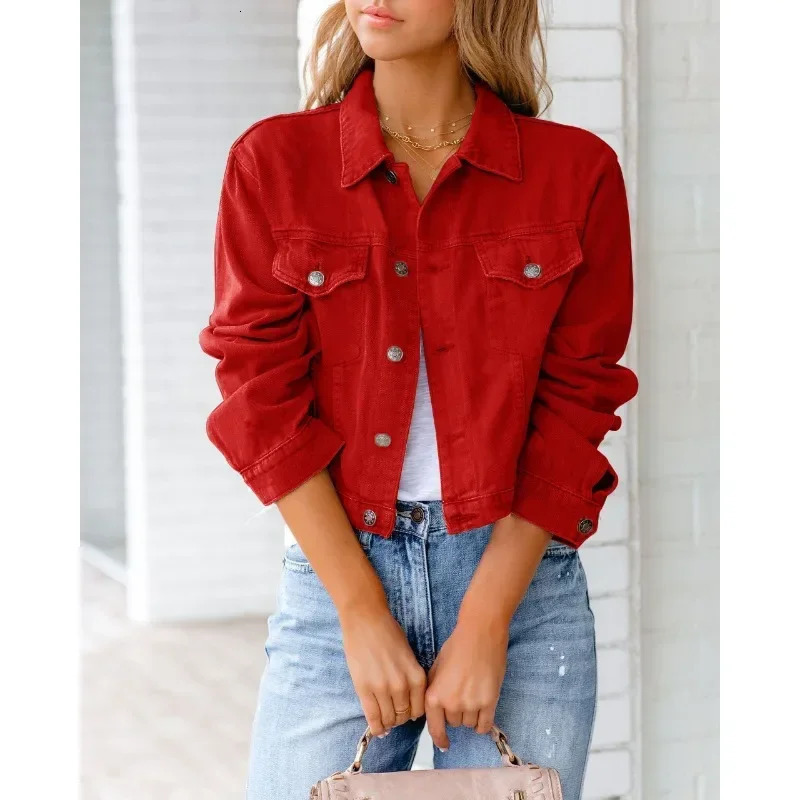 Short sleeved jacket fashionable streetwear single chest trendy womens denim long autumn 241206
