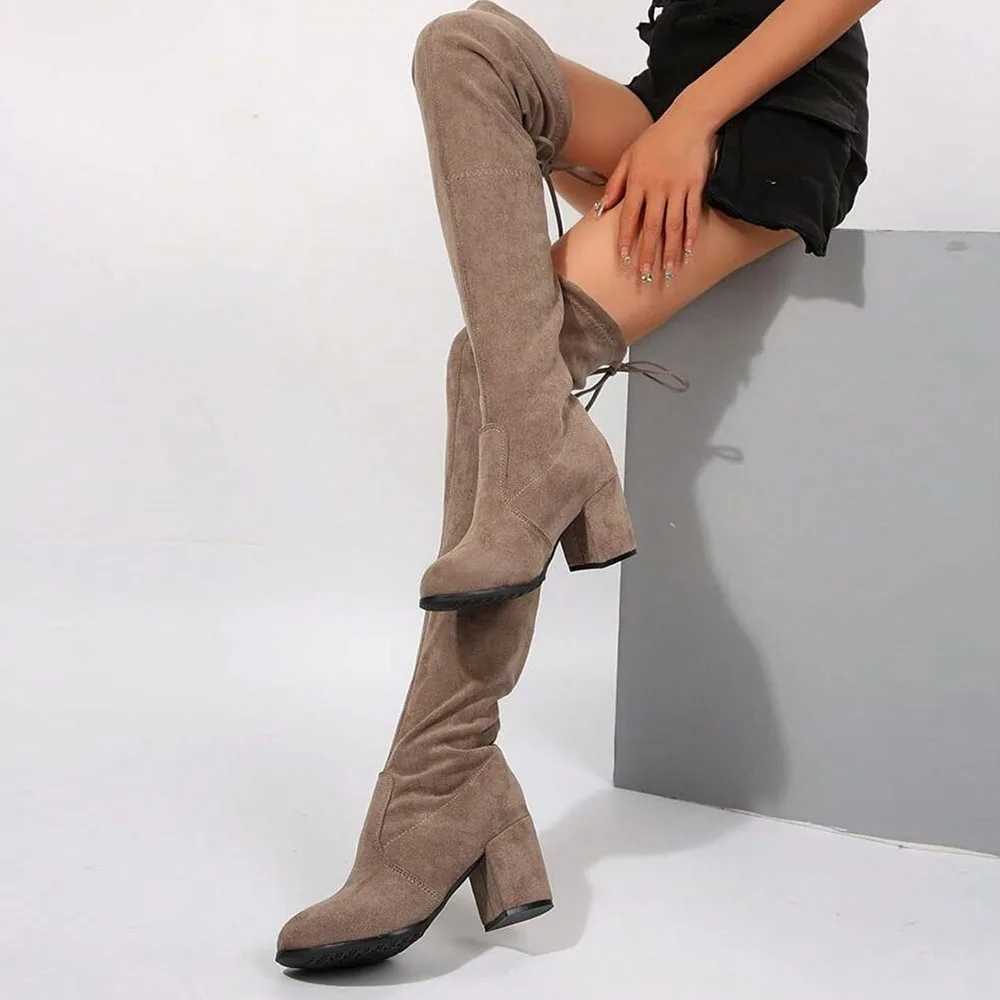 High Quality Large size 43 sexy warm tight knee boots classic 7cm block high elastic long boots party shoes T241206