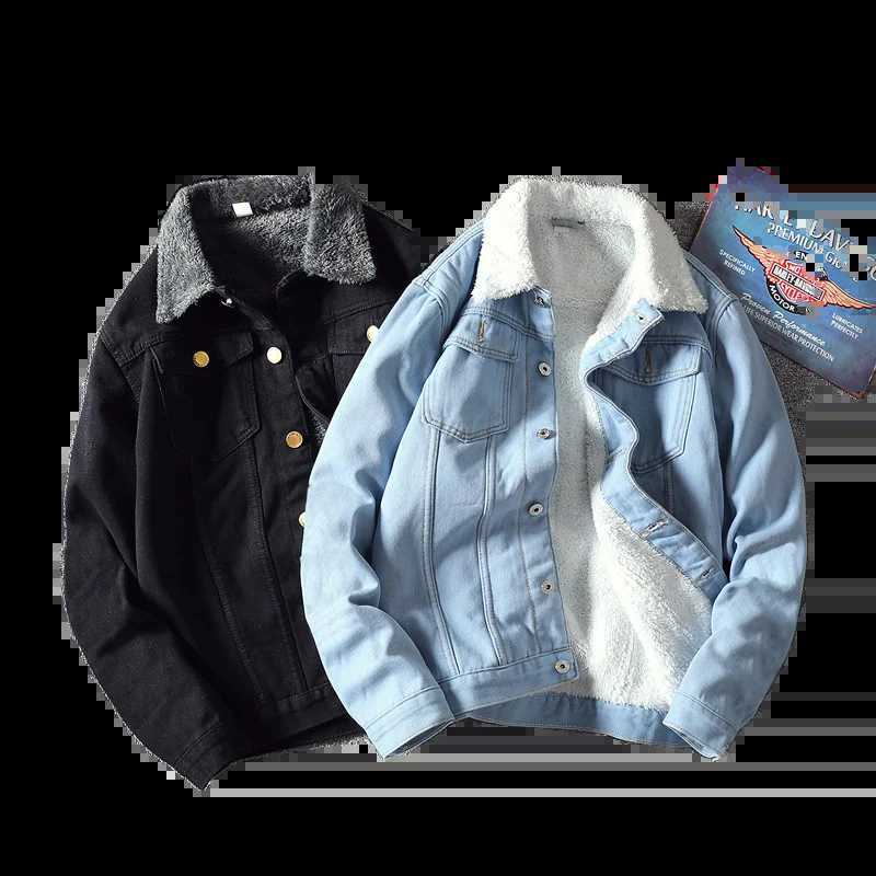Vintage denim jacket mens plush thickened loose fitting work clothes cotton jacket wool collar enlarged cotton jacketXJ241206