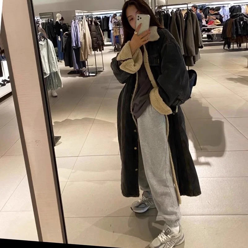 2024 Winter Wool Denim Coat Womens Medium length Loose Temperature BF Ultra thin Thick Warm Fried Street Cotton 3341 241206