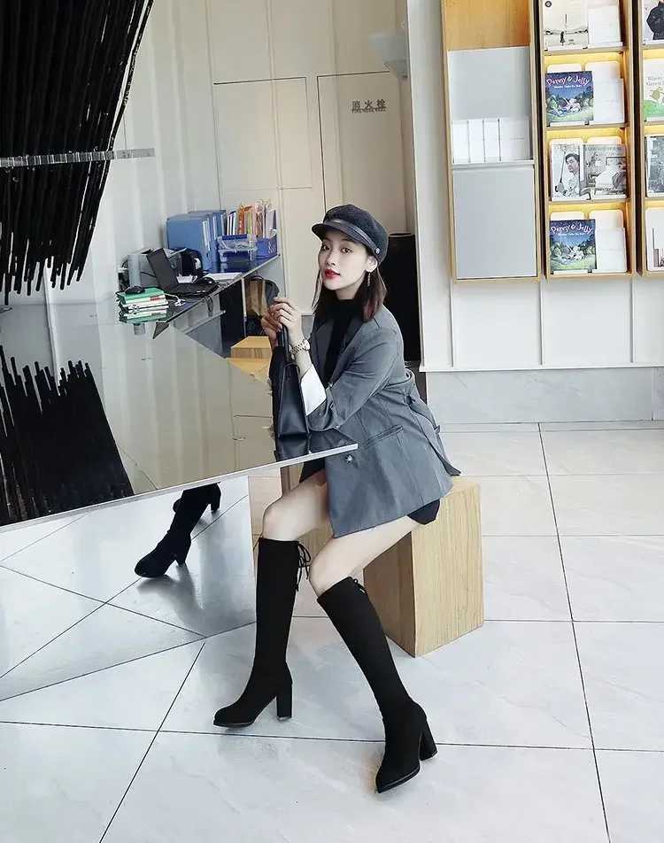 High Quality Artificial suede Fem autumn zipper elastic knee high boots used for lace high Gigh boots black Botas Mujer 92 T241206