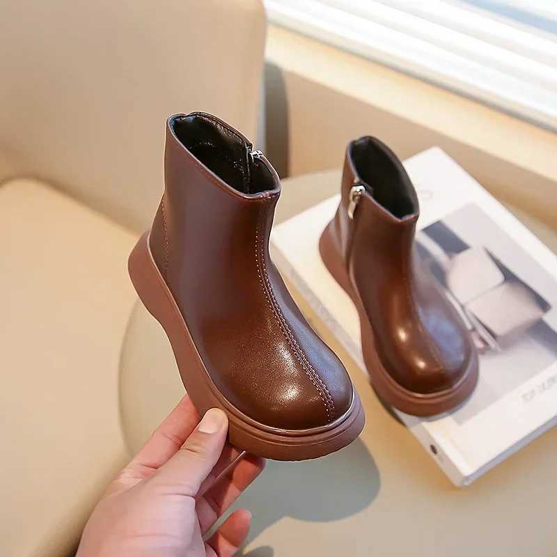 Autumn Winter Childrens Boots Fashion Simple Sle Girls Ankle Boot Causal Versatile Black Kid Short Leather Boots Side ZipperXJ241206