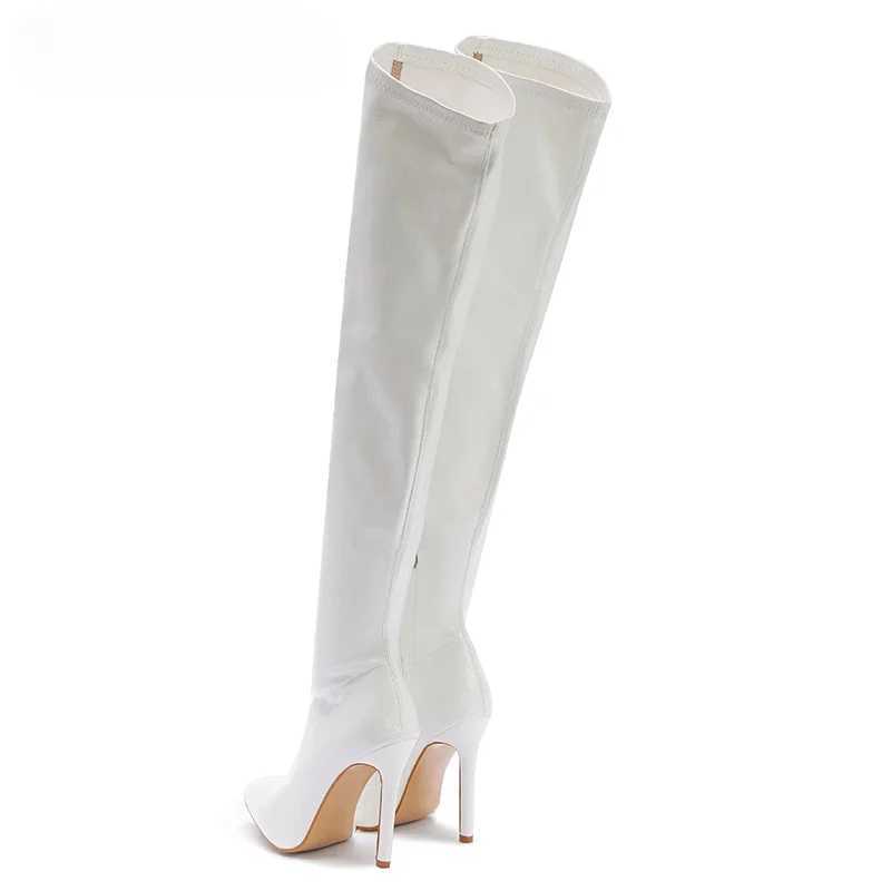 High Quality White sexy knee high side zipper sliding toe shoes new Fi striped thin H womens boots spring T241206