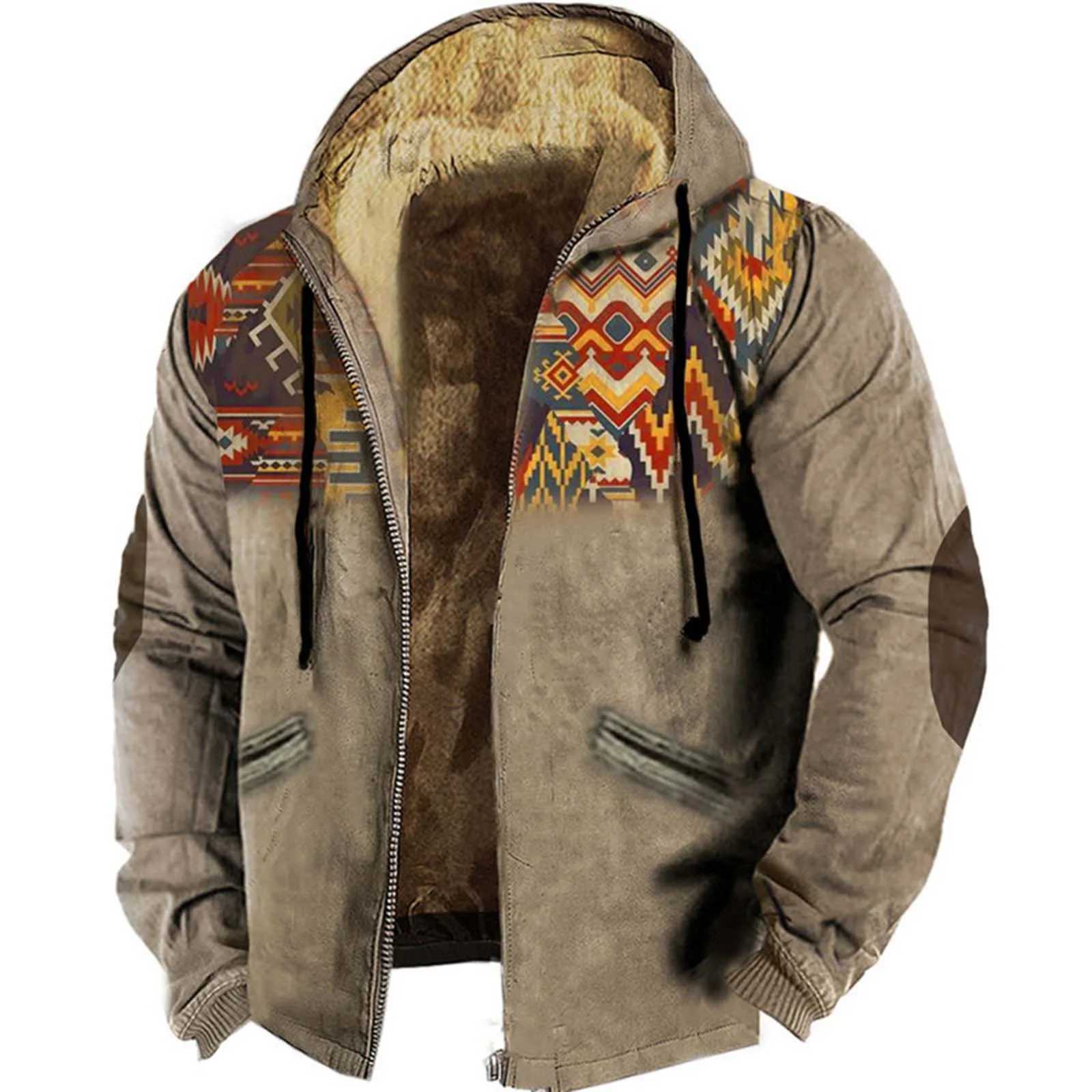 Winter Mens Vintage Lamb Wool Jacket Fashion Retro Print Hooded Zipper Fleece Lined Hoodie Outwears Warm Plush Bomber JacketXJ241206