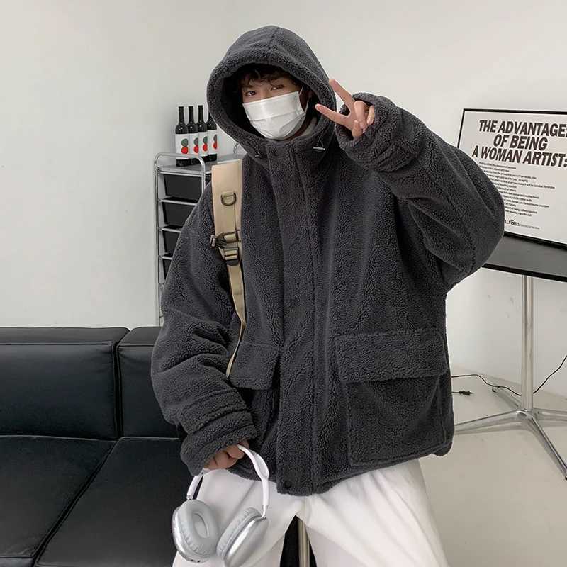 2023 Men Winter Lamb Wool Jacket Men Plus Velvet Streetwear Fashion Loose Handsome Coat Unisex HipHop Hooded Plush Padded JacketXJ241206