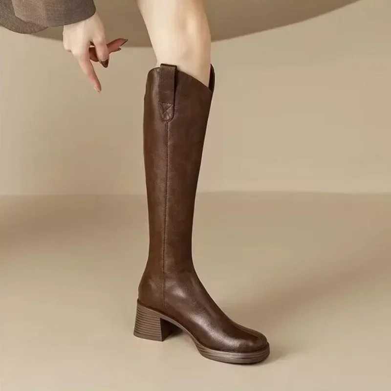 High Quality Fem new knee high Wens boots classic modern boots with stitching circular heel thick zipper H shoes for women T241206