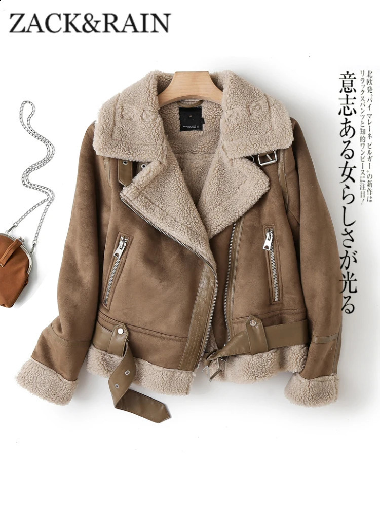 ZACK RAIN Brown Jacket For Women 2023 Winter Vintage Fur Integrated Lapel Long Sleeves Jackets Female Outwears Chic 241205